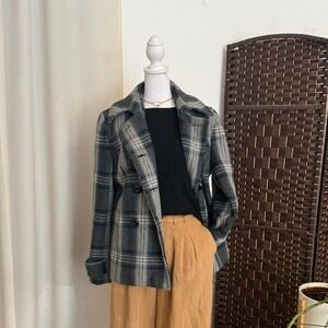 Dressbarn Plaid Peacoat Double Breasted Gray and Blue Women's Size Medium